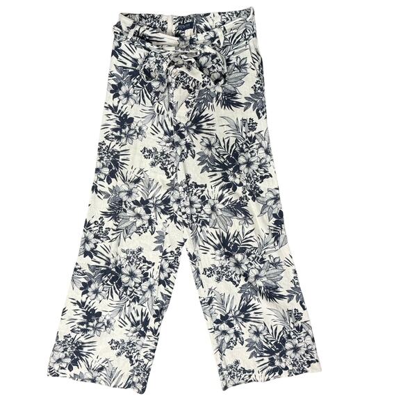 Beau Dawson Blue White Floral Linen Blend Wide Leg Tie Front Pants size M 8-10 - Picture 1 of 12